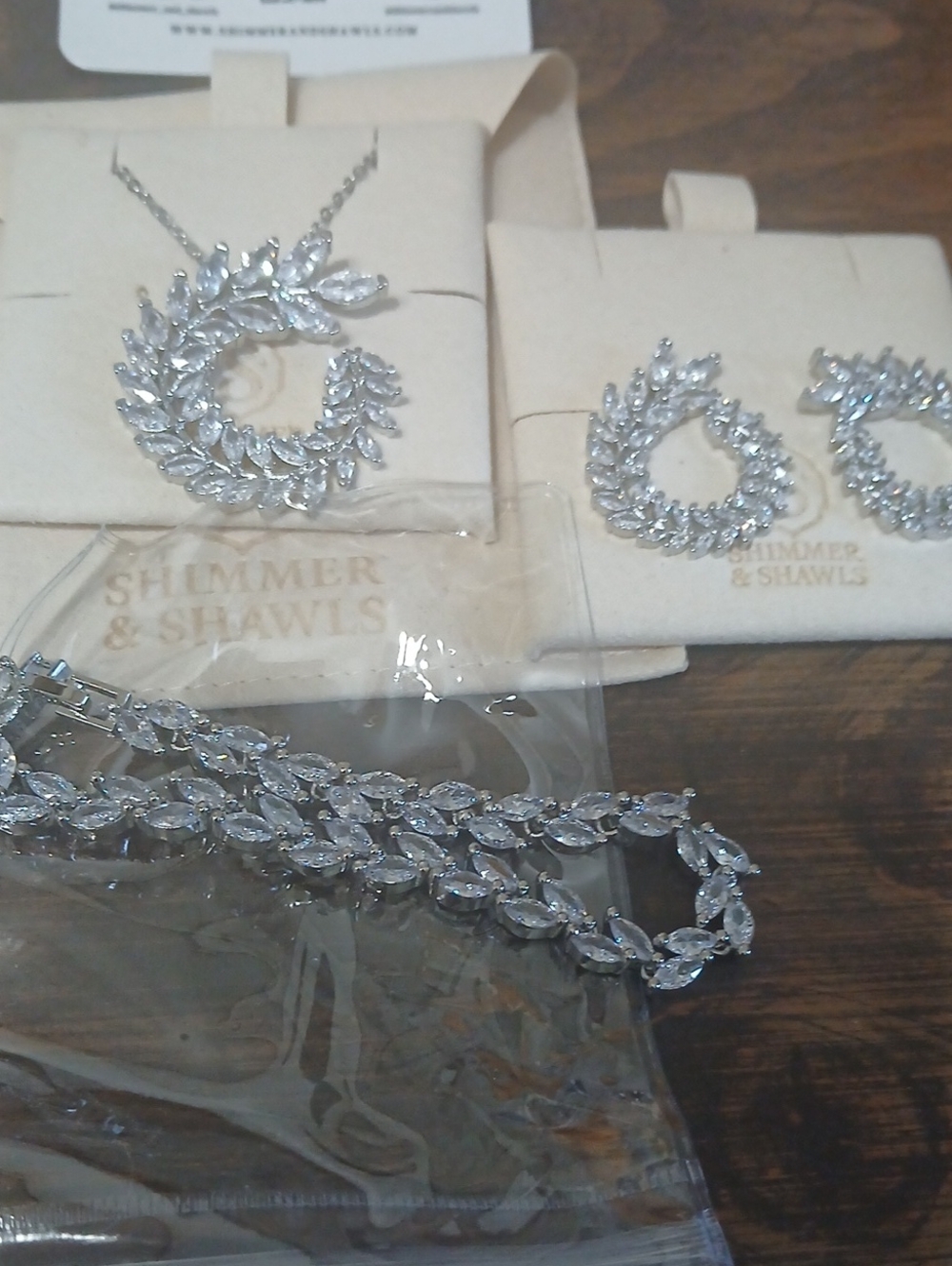 Sterling Silver Leaf Crystal Necklace and Earring SetW/ Bracelet